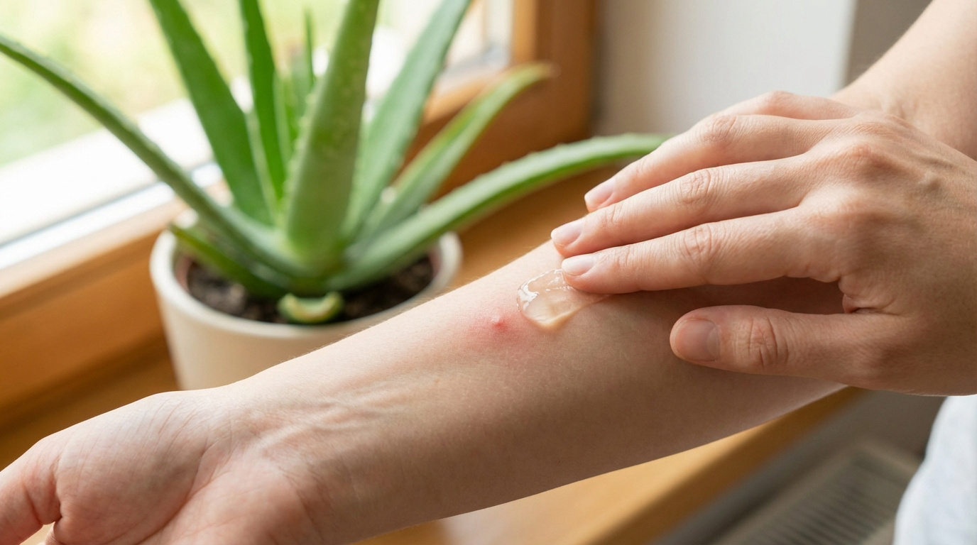 Main appliquant du gel d'aloe vera sur une piqûre de moustique rouge sur un avant-bras. Une plante d'aloe vera est en arrière-plan.