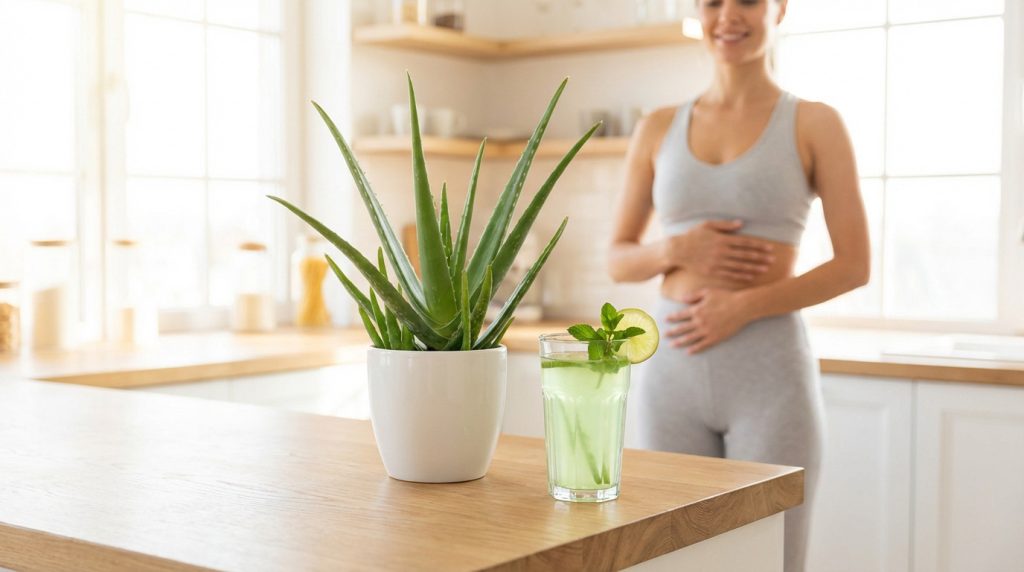 Plante d'aloe vera et verre de boisson détox au citron. Femme en tenue de sport se tenant le ventre dans une cuisine lumineuse.