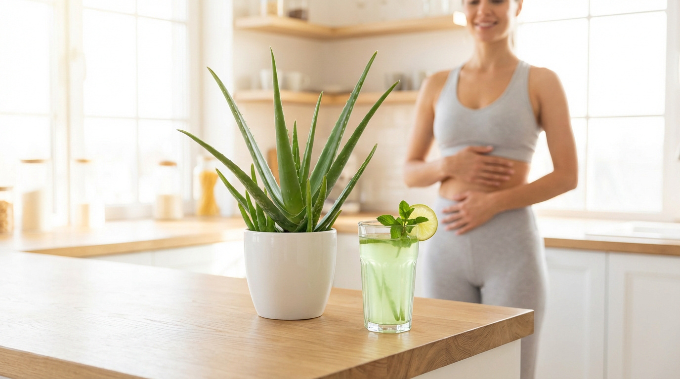 Plante d'aloe vera et verre de boisson détox au citron. Femme en tenue de sport se tenant le ventre dans une cuisine lumineuse.