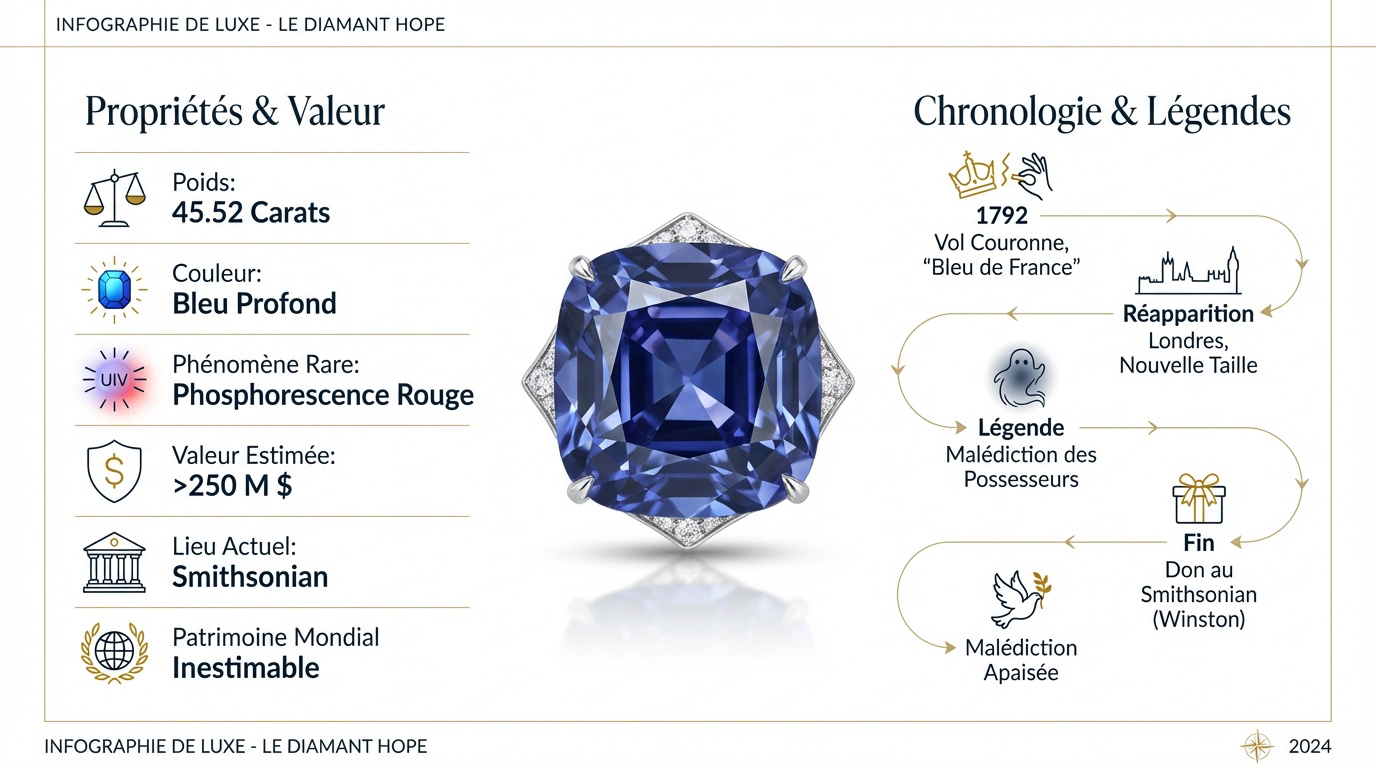 Infographie détaillant les secrets et la légende du diamant Hope