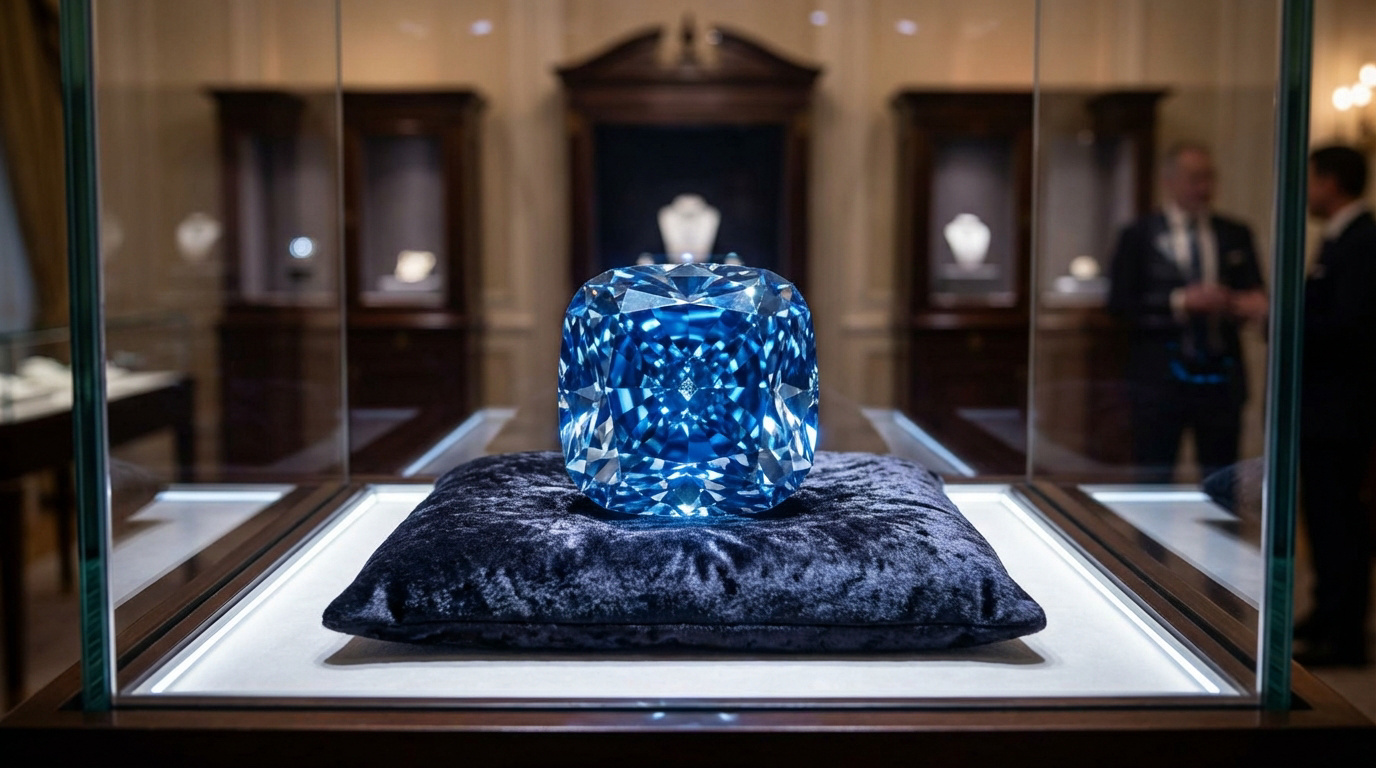 Gros plan sur le Diamant Hope, un grand diamant bleu intense taillé en coussin, reposant sur un coussin de velours sombre dans une vitrine éclairée. Des reflets d'une galerie sont visibles.