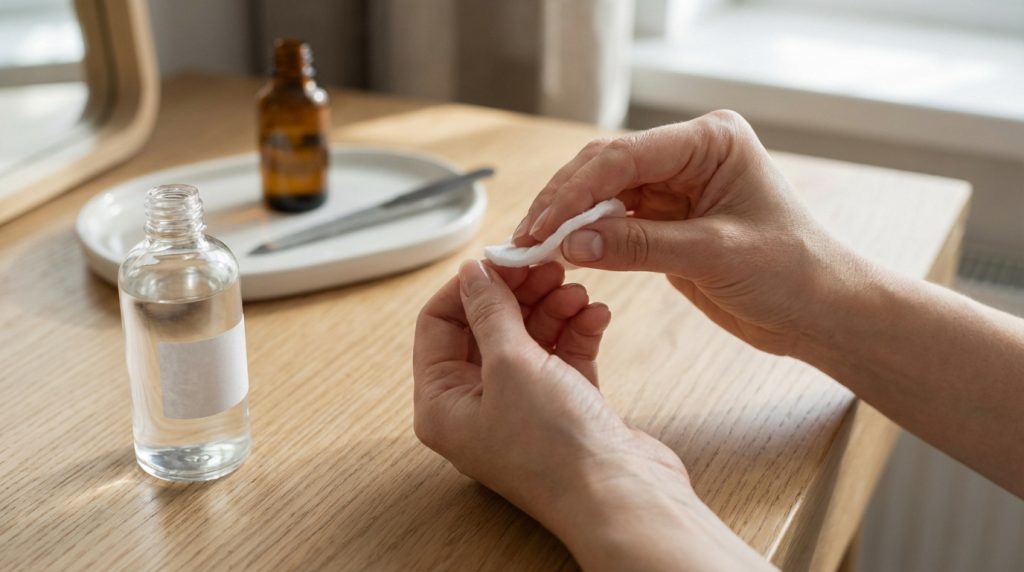 Mains préparant un coton pour dégraisser un ongle, avec une bouteille de liquide transparent sur une table en bois clair.