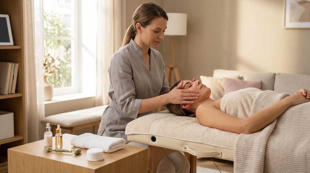 Une esthéticienne réalise un massage facial sur une cliente allongée sur une table de soin à domicile, avec des produits de beauté.