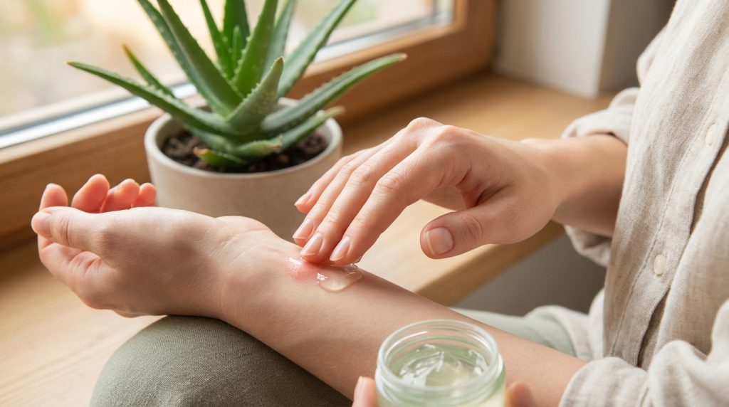 Gros plan sur une personne appliquant du gel d'aloe vera sur une piqûre de moustique rouge et enflée sur son bras, avec une plante d'aloe vera en arrière-plan.