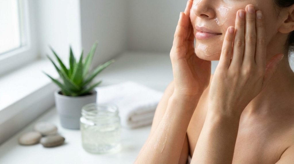 Femme appliquant délicatement du gel d'aloe vera sur son visage, avec une plante et un pot de gel visibles.