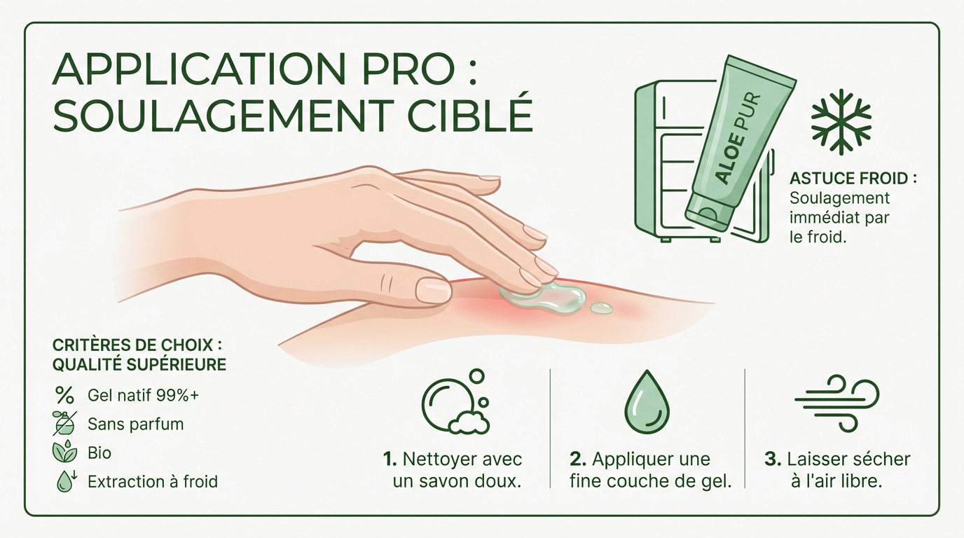 Application précise de gel d'aloe vera sur une piqûre de moustique