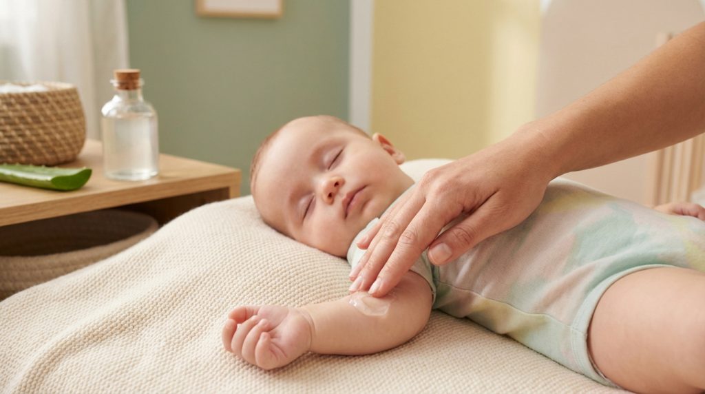 Main appliquant un gel hydratant à l'aloe vera sur le bras d'un bébé endormi. Feuille d'aloe vera et flacon en arrière-plan.