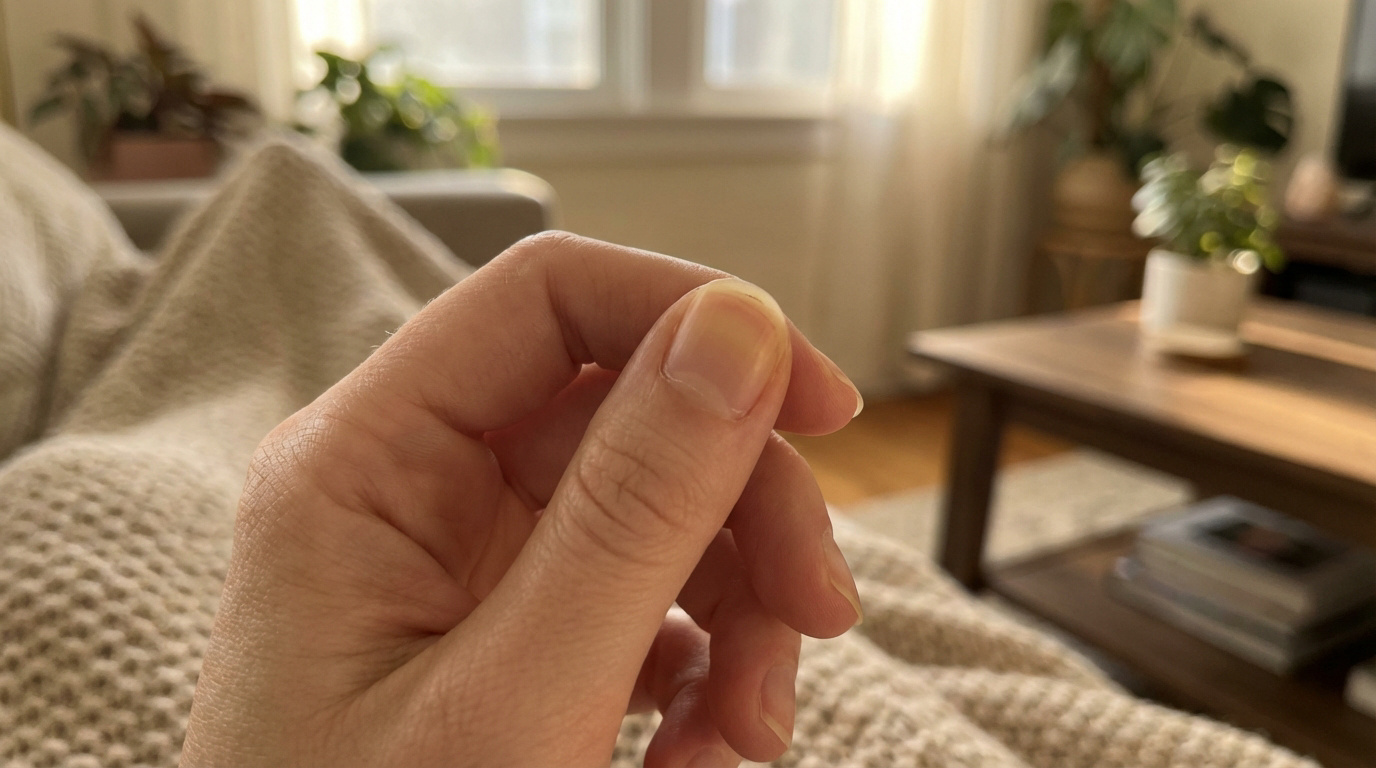 Vue rapprochée d'une main avec un ongle d'index partiellement décollé, visible par une zone blanchâtre. Ambiance intérieure lumineuse.