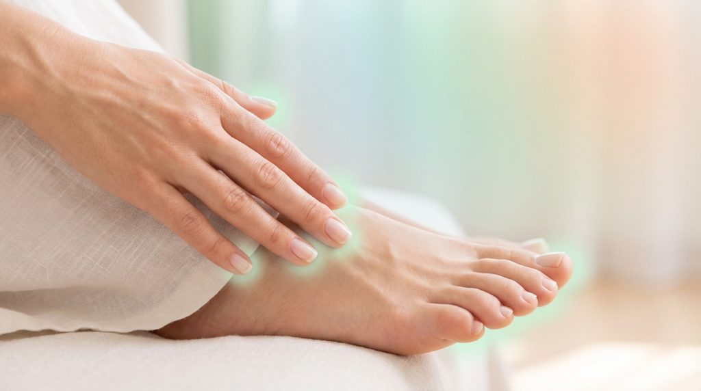 Main touchant un pied, les ongles naturels des deux sont entourés d'une douce lueur verte, symbolisant la croissance et la santé.