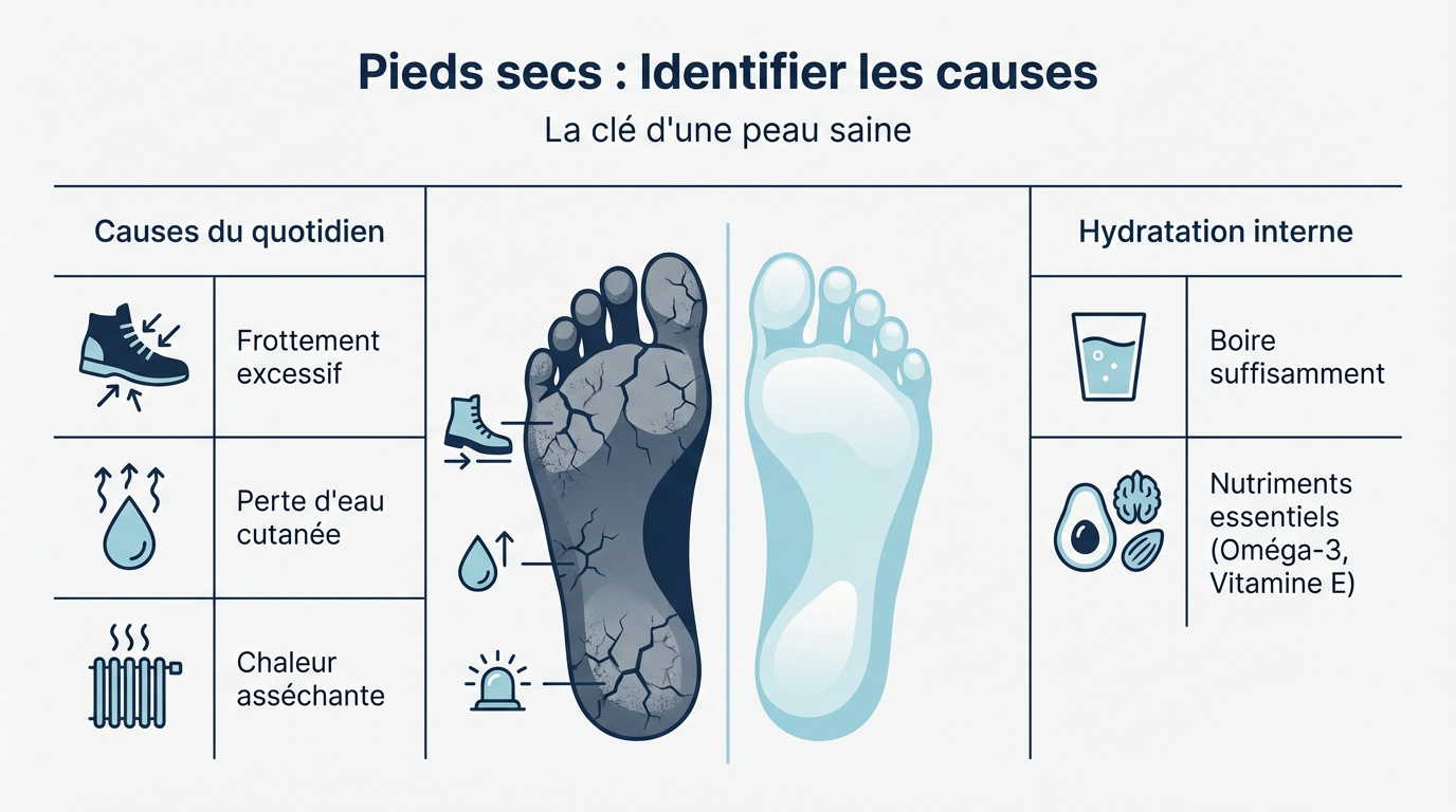Pieds secs présentant des callosités et des zones de sécheresse nécessitant un soin hydratant