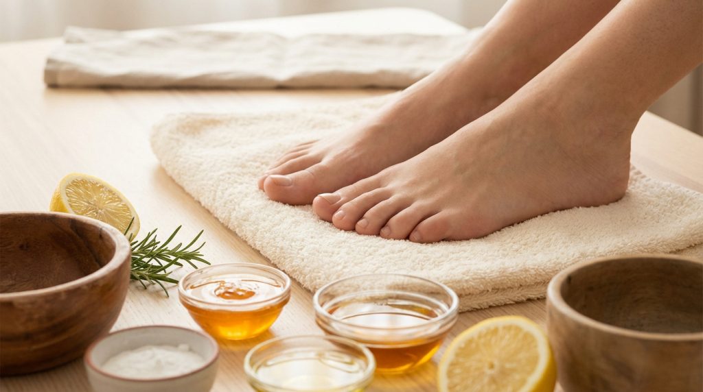 Pieds posés sur serviette, entourés de citrons, romarin, miel et autres ingrédients naturels pour un soin des pieds secs.