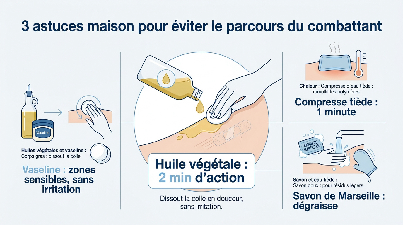 Retrait de résidus de colle de pansement sur la peau avec des produits naturels