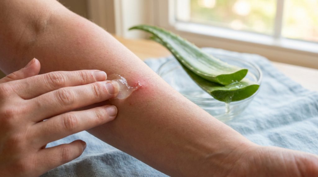 Main appliquant du gel d'aloe vera sur une piqûre d'insecte rouge et gonflée sur un bras. Des feuilles d'aloe vera sont en arrière-plan.