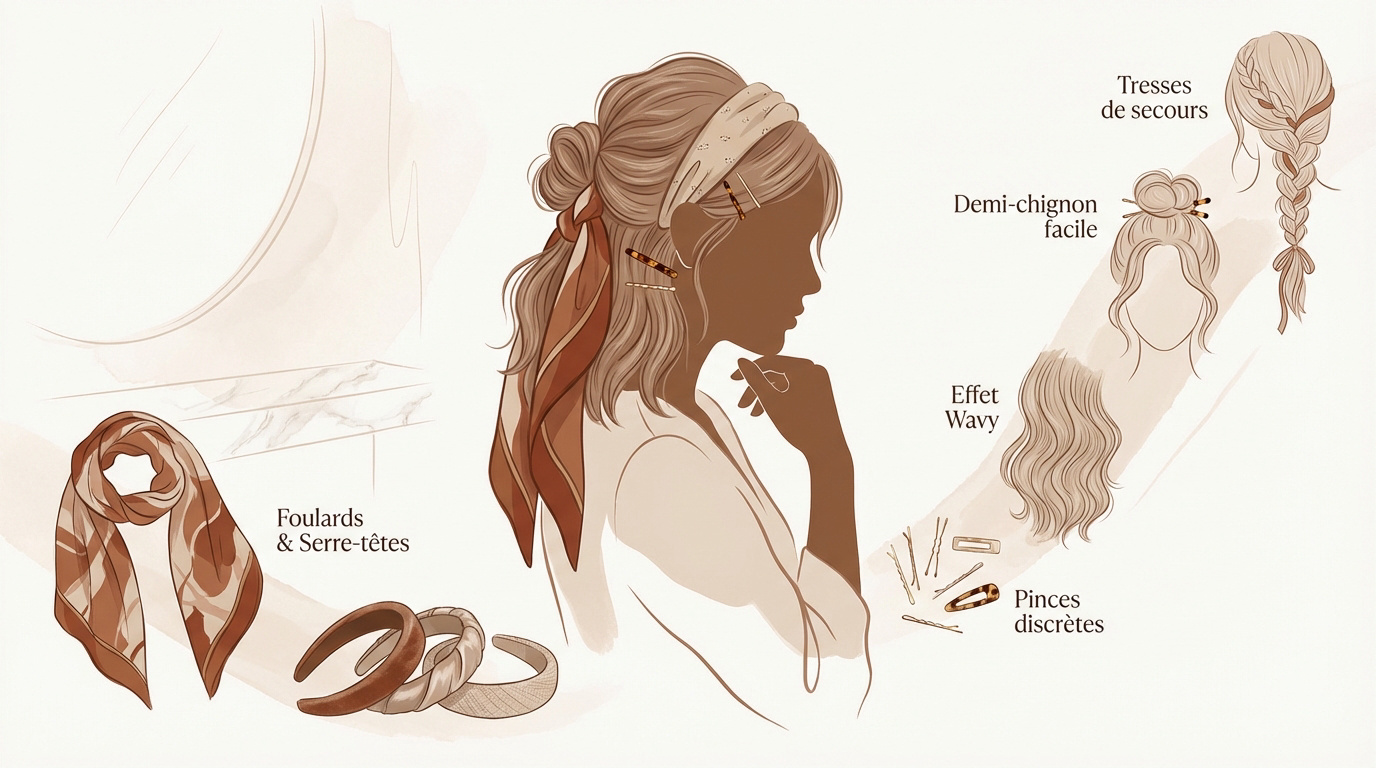 Femme portant des accessoires élégants pour camoufler une repousse de cheveux courts