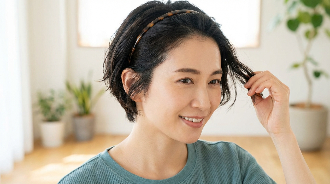 Femme souriante aux cheveux courts noirs coiffés d'un bandeau écaille de tortue, ajustant une mèche. Fond intérieur lumineux.