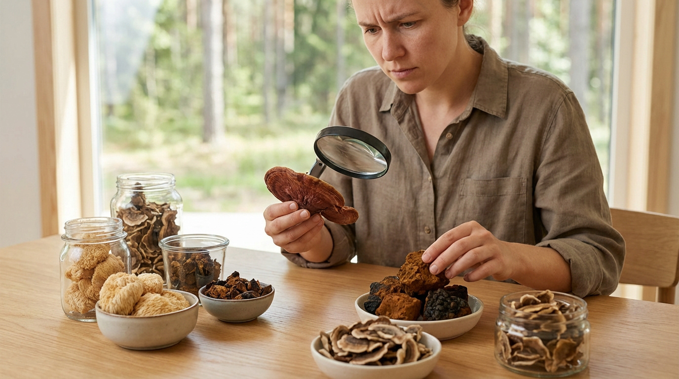 Femme examine des champignons médicinaux secs avec une loupe, divers bocaux et bols sur une table en bois.