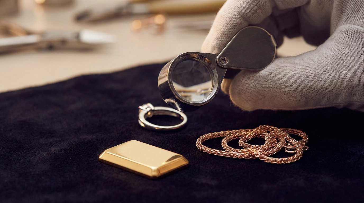 Main gantée tenant une loupe au-dessus d'une bague en or blanc, d'un lingot d'or et d'une chaîne en or rose sur velours noir.