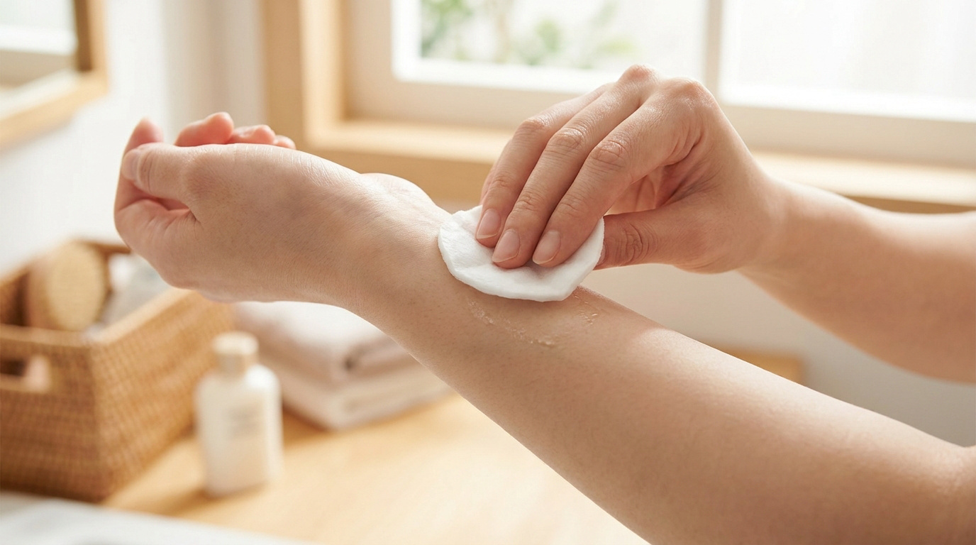 Gros plan sur une main appliquant un coton imbibé sur l'avant-bras pour retirer des résidus de colle de pansement.