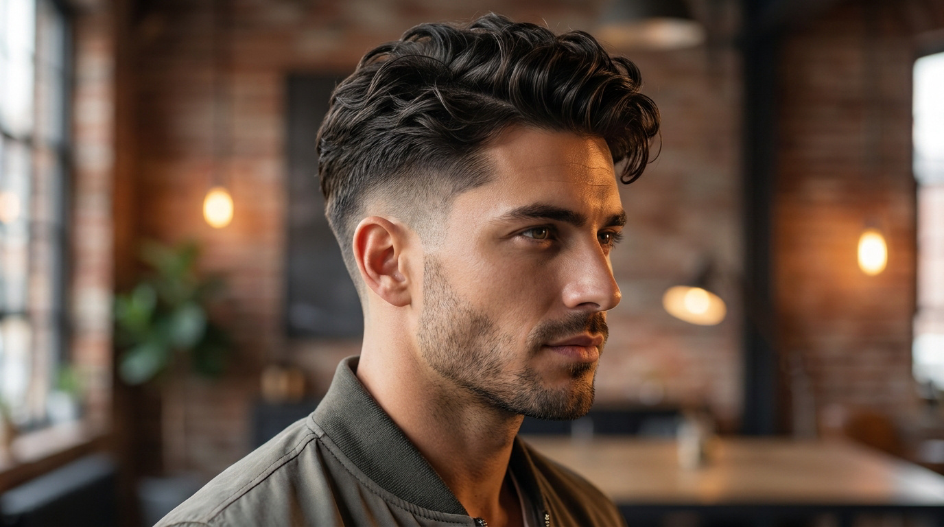 Homme aux cheveux bruns avec une coupe taper bas moderne, vu de profil dans un loft industriel.