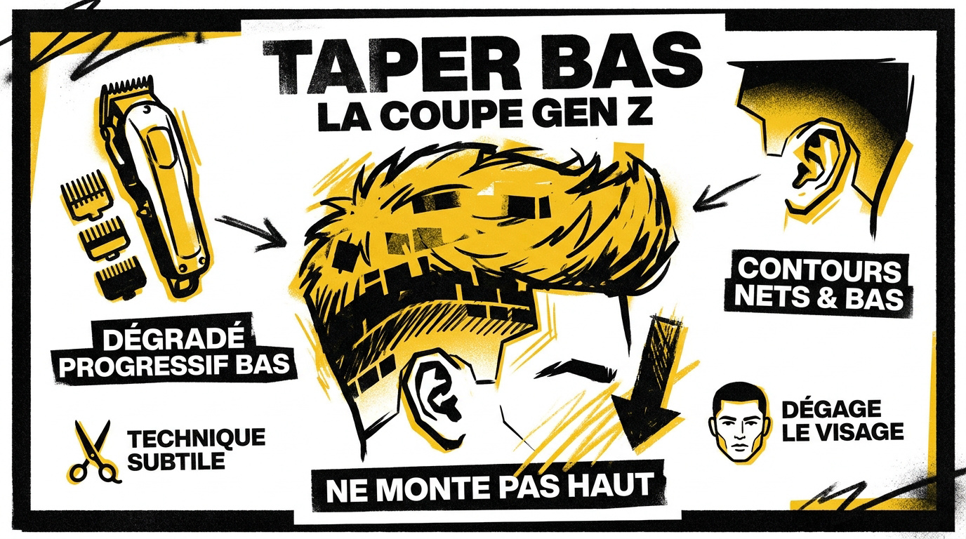 Homme avec une coupe taper bas moderne et dégradé subtil aux tempes